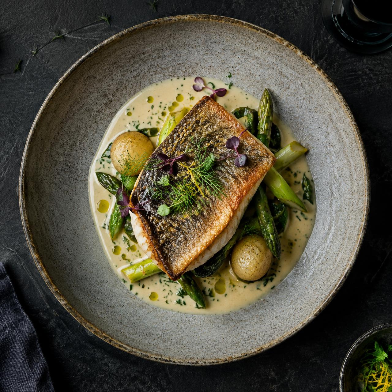 Poisson rôti, asperges et beurre blanc